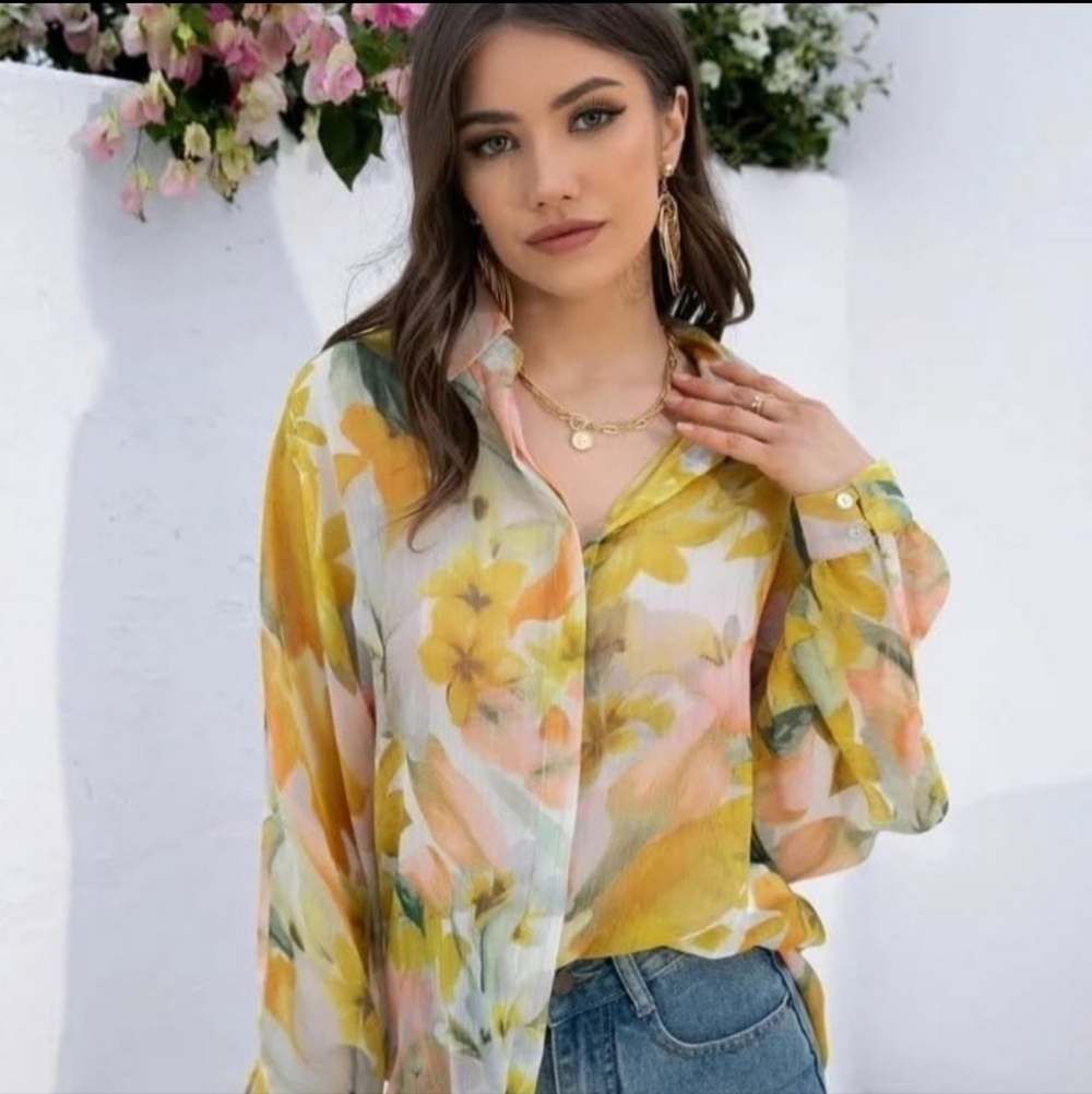 SHEIN Vibrant Floral Blouse - Yellow and Pink